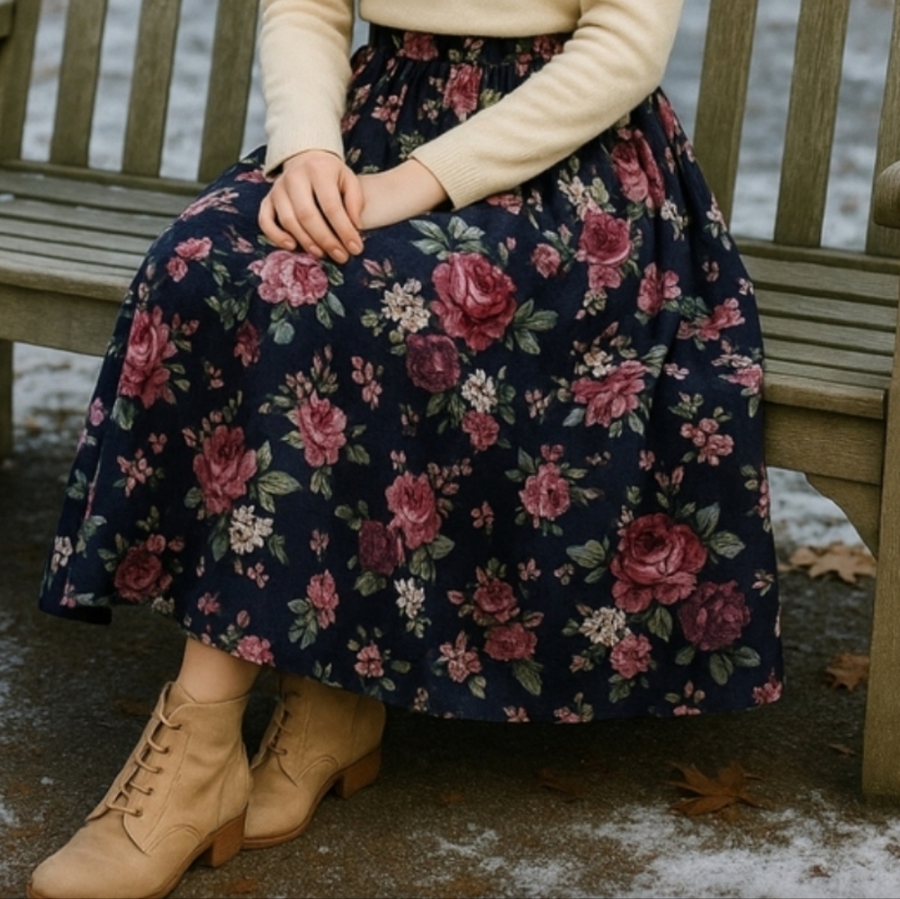 Capacity Knits Blue Vintage Floral Rose Navy Mauve Cotton Pocket Midi Skirt